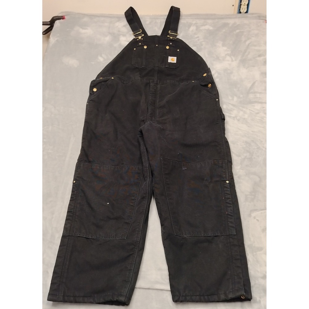 Carhartt Overalls Mens 48x28 Black R03 BLK Double Knee Duck Canvas Bib Workwear